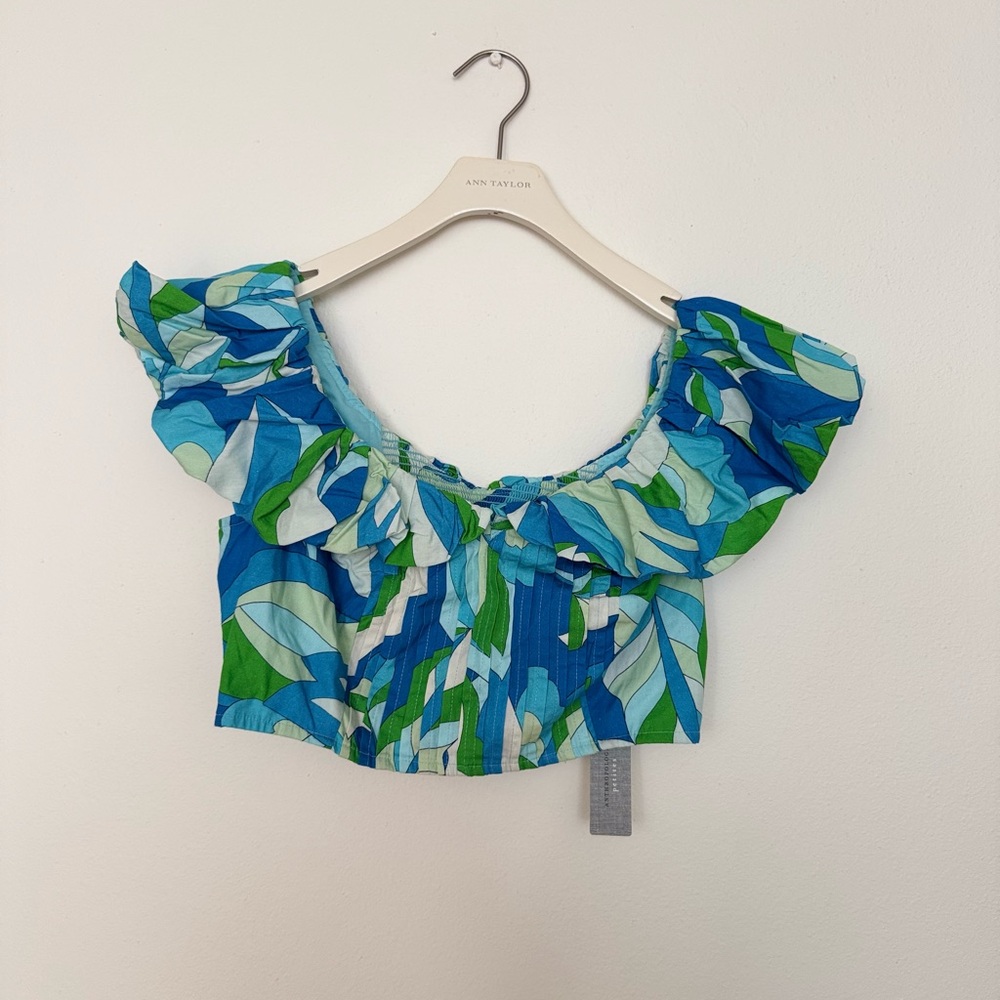 Anthropologie Blue and Green Leaf Print Blouse